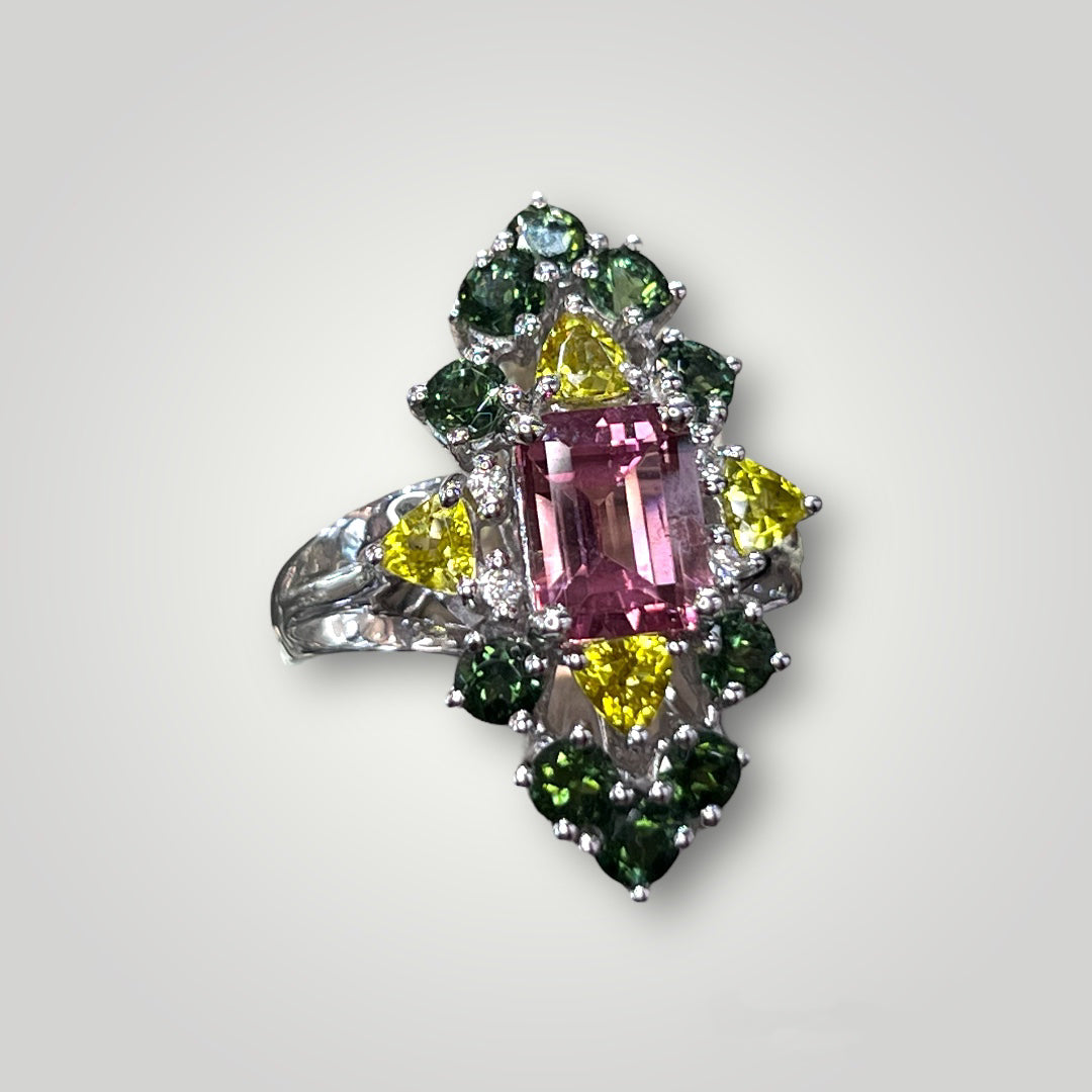 Pink and Green Tourmaline White Gold Ring