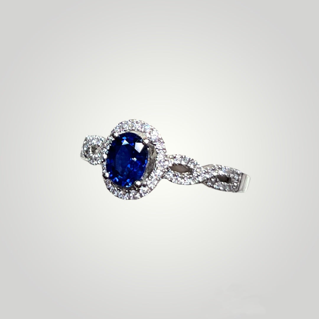 Oval Sapphire with Halo and Diamond Infinity Band