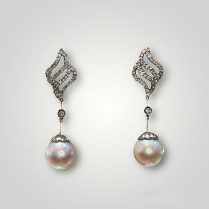 Diamond Swirl and and Pearl Dangle Warrings - Q&T Jewelry