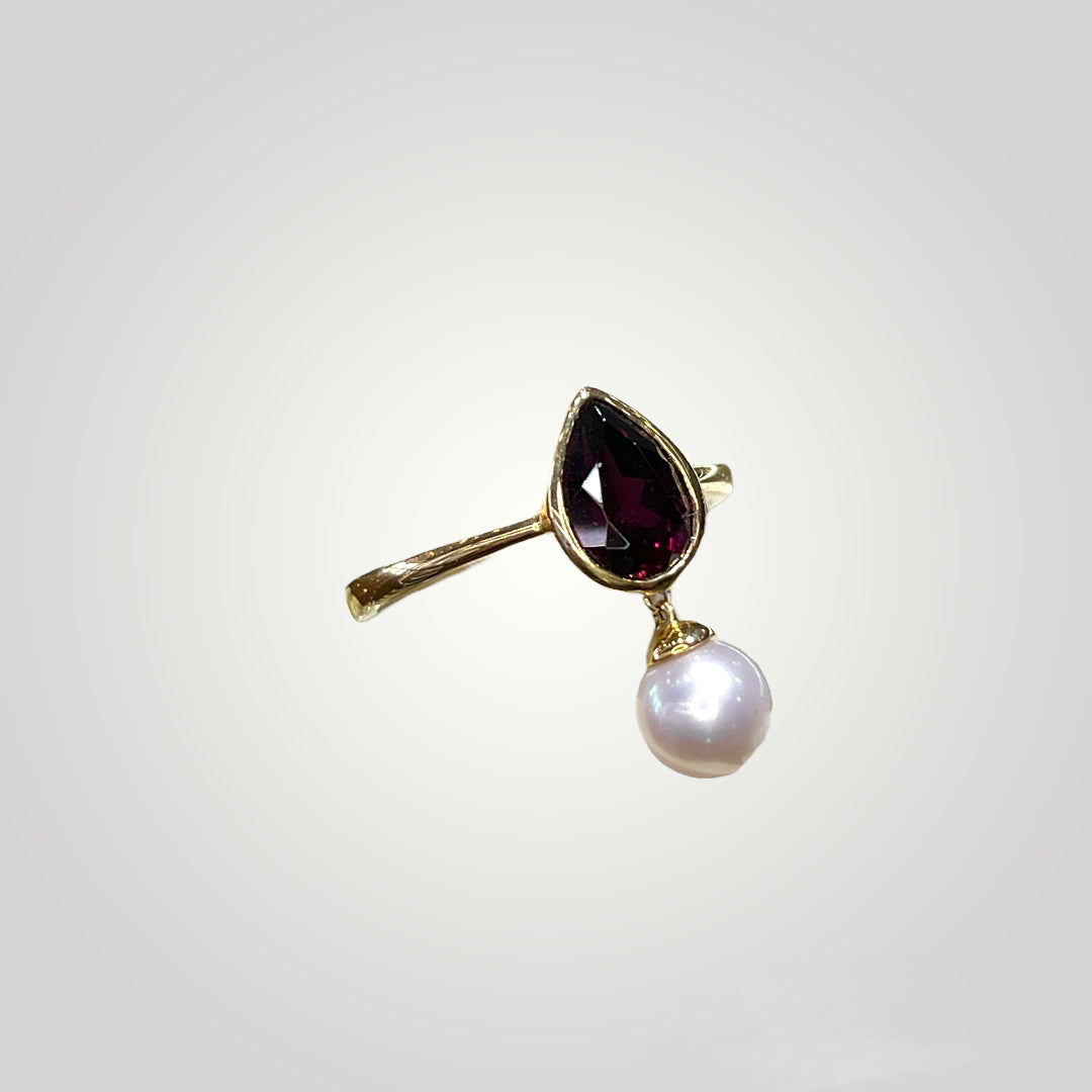 Garnet and Dangling Pearl Ring - Q&T Jewelry