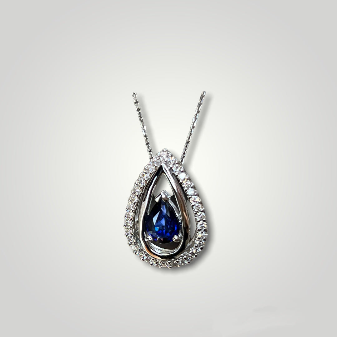 Sapphire, Diamond, and White Gold Pear Shaped Pendant - Q&T Jewelry