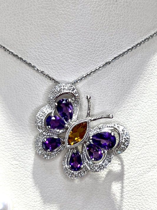 White Gold Amethyst and Citrine Butterfly Pendant - Q&T Jewelry
