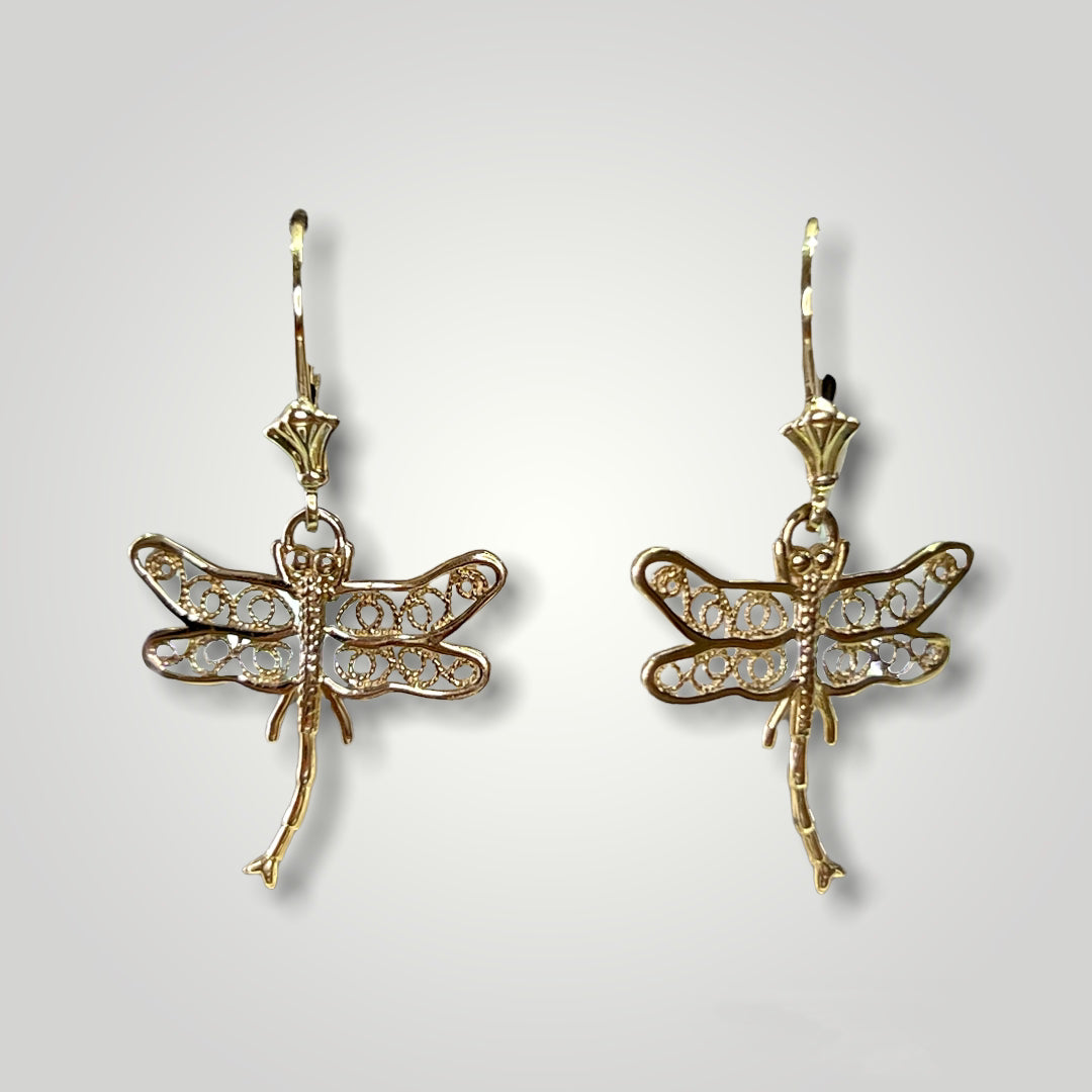 Gold Dragonfly Dangle Eartings - Q&T Jewelry