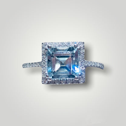 Aquamarine Princess-Cut Diamond Halo Ring - Q&T Jewelry