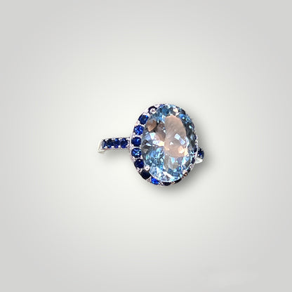 Aquamarine with Sapphire Halo Ring - Q&T Jewelry