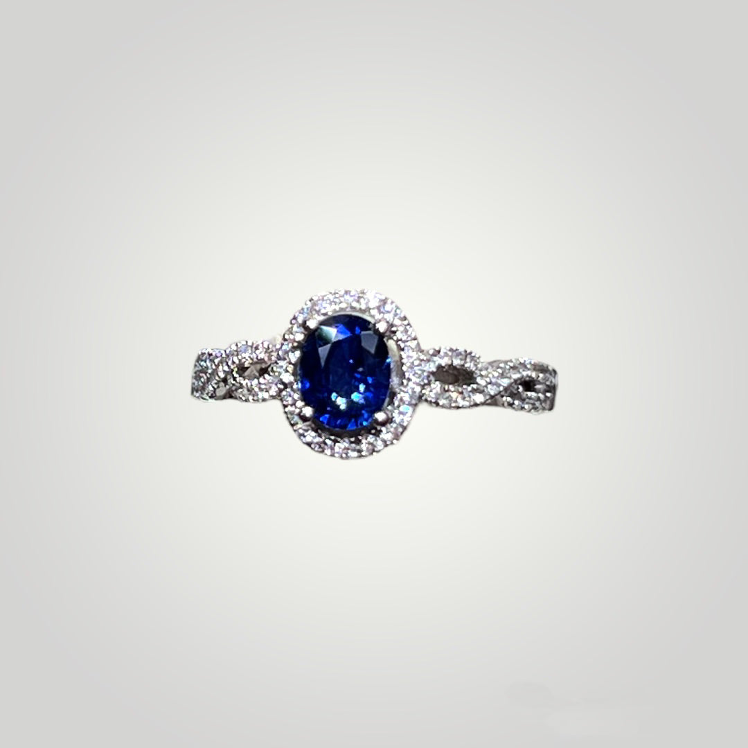 Oval Sapphire with Halo and Diamond Infinity Band - Q&T Jewelry