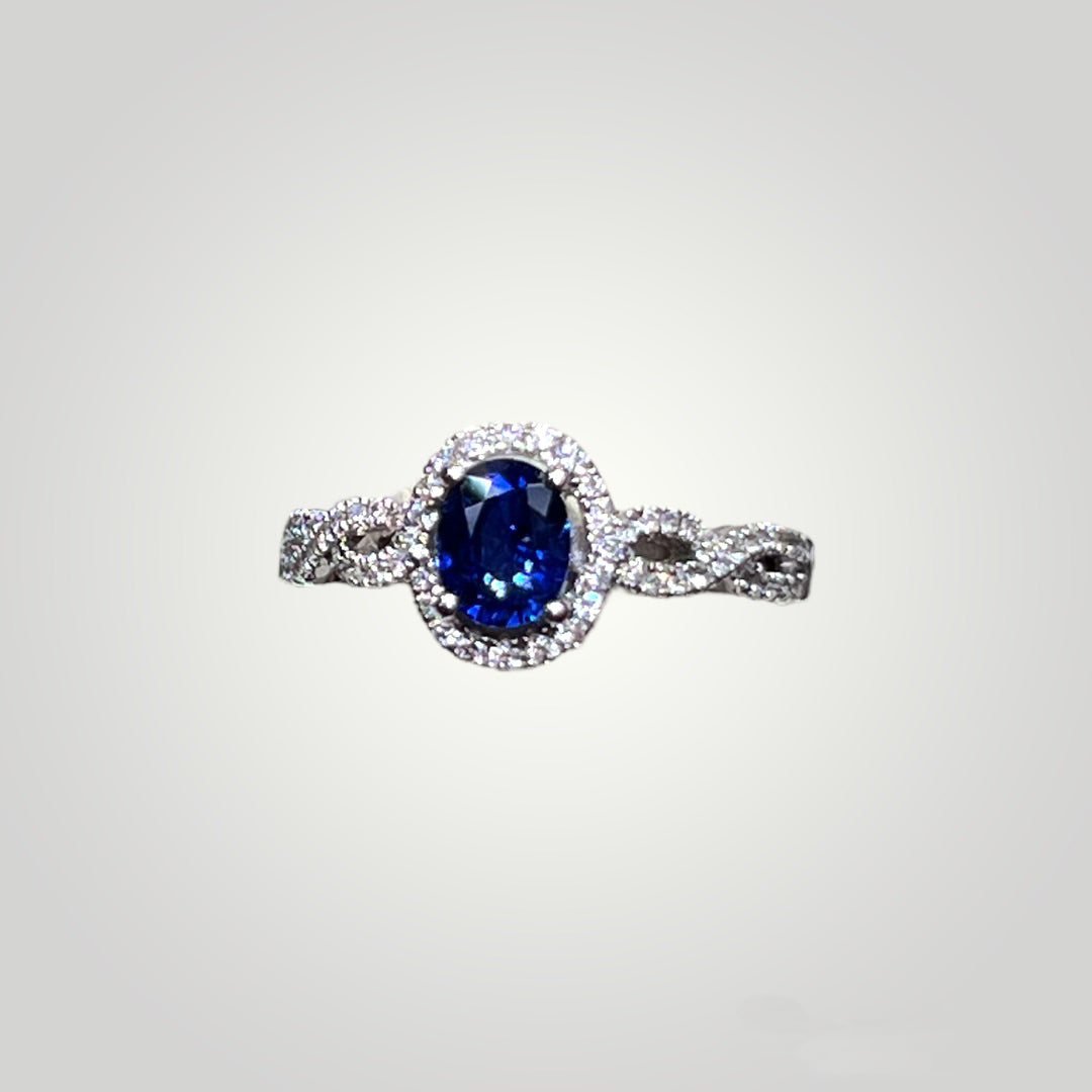 Oval Sapphire with Diamond Halo Eternity Band in 14k