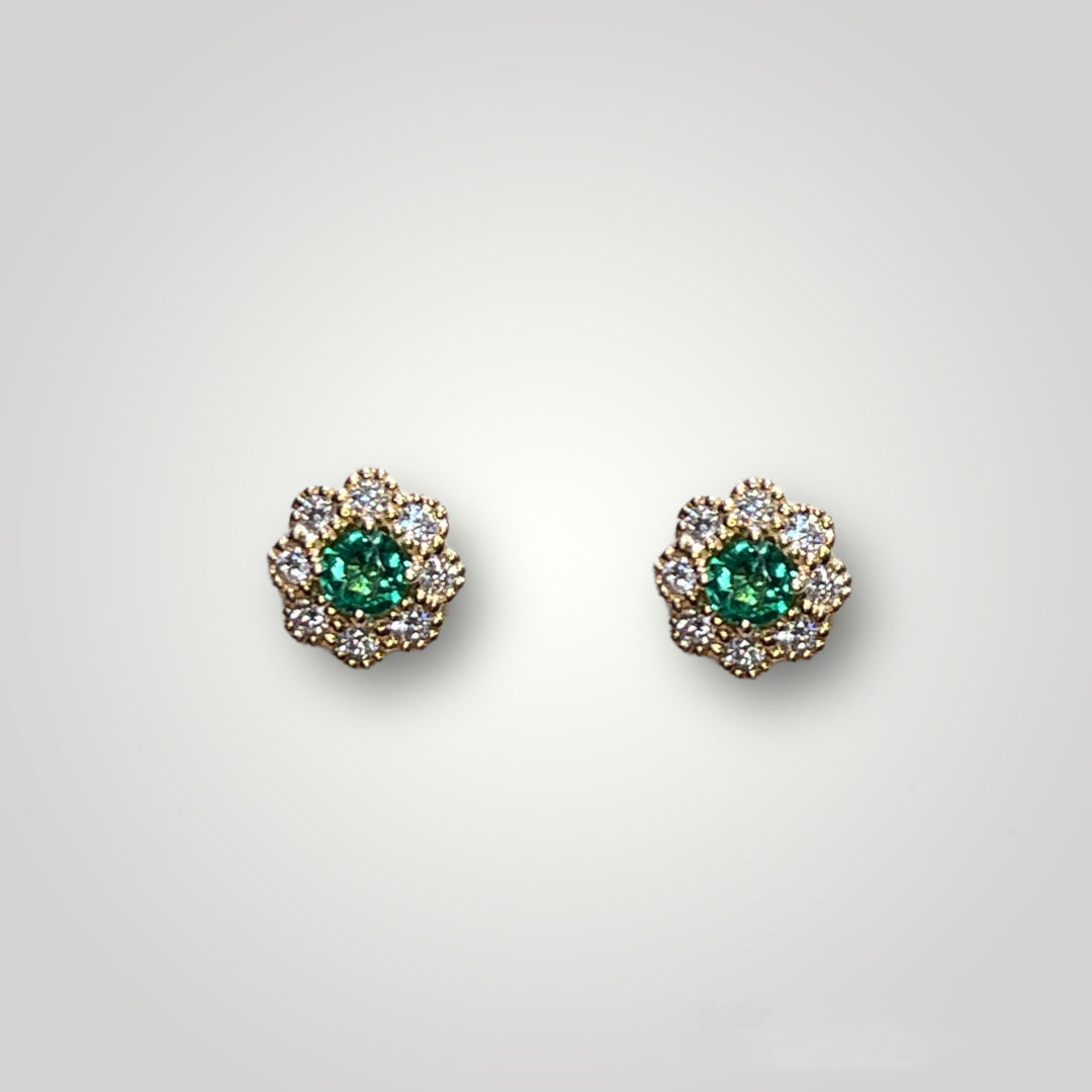 Emerald & Diamond Flower Stud Earrinhs - Q&T Jewelry